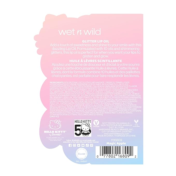 wet n wild Hello Kitty Glitter Lip Oil, New 10 Oil Infused Formula, Warm Apple Pie Lightly Scented, Sparkly Bold Colors, Cruelty-Free & Vegan - Magic Apple