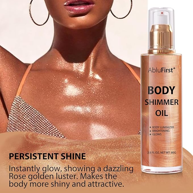 4 Colors Shimmer Body Oil Face Glitter Summer Body Moisturizing Light Shimmering Glow Non-Sticky Party Luminizer and Illuminator Smooth (3.38 Fl Oz Pack of 1, Rose Gold)