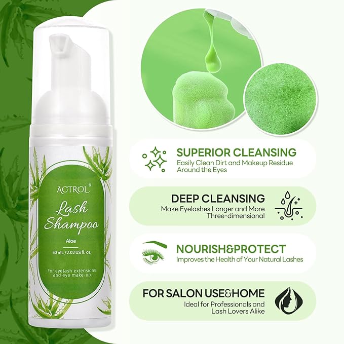 Eyelash Extension Cleanser 60ML Colored Green Aloe Lash Extension Shampoo Professional Eyelid Foaming Cleanser Paraben & Sulfate Free Non-lrritating with Salon and Home Care