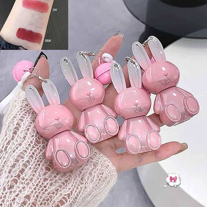 2Pcs Velvet Matte Lip Gloss Set,Cute Pink Rabbit Lip Glaze 2 in 1 Key Chain Liquid Lipstick,Non-Stick Cup Long Lasting Waterproof Bunny Lip Stain,Cute Lip Makeup for Girls