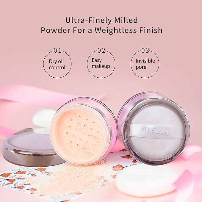 BLUE LOVE 2Pcs Loose Setting Powder Makeup for Face Set, Oil Control Smooth Face Makeup Finishing Powder Foundation, Waterproof Cosmetic Powder Loose Face Powder Compact for Oily Skin