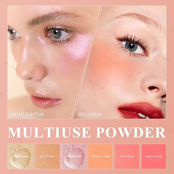 KYDA 6 Colors Blush Palette, Natural Glossy Blush and Highlighter Duo, Buildable Cheek Color, Matte Shimmer Face Blusher Makeup, Lightweight Smooth Powder