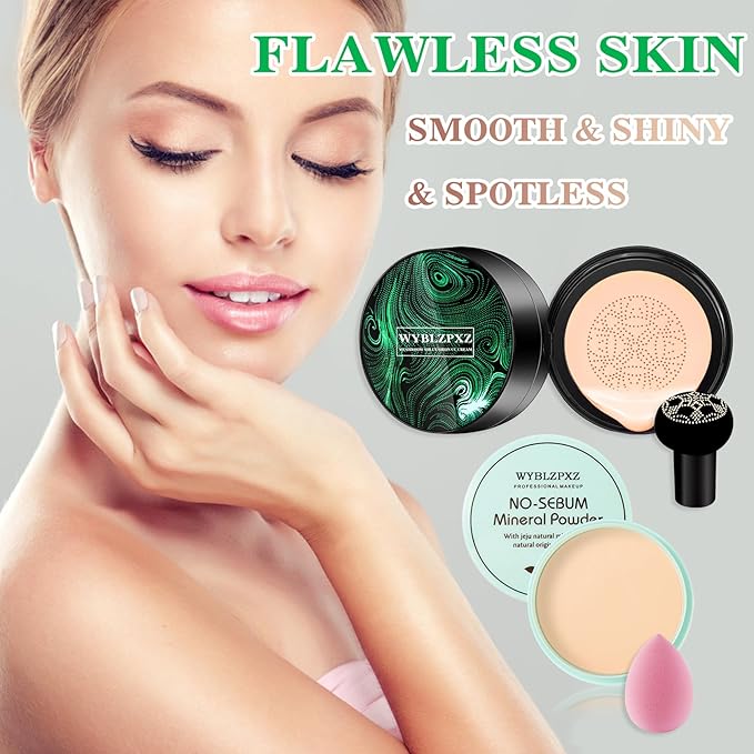 Mushroom Head Air Cushion CC Cream BB Cream Cushion Foundation Set Moisturizing Full Coverage Foundation Concealer Lasting Foundation Makeup Even Skin Tone Makeup Base Primer(4 Pcs)