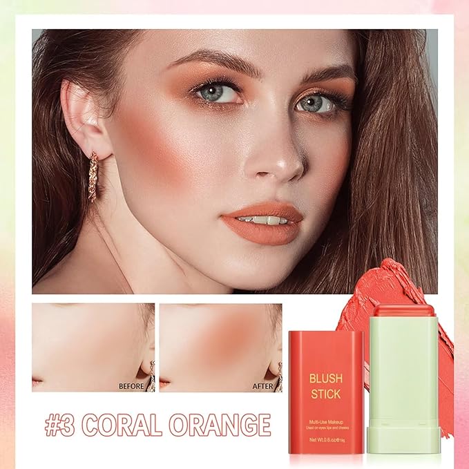 Multi-Use Makeup Blush Stick,Beauty Solid Moisturizer Stick,Waterproof Natural Nude Makeup,Tinted Solid Moisturizer Stick for Eyes Lips Cheek(3#coral orange)