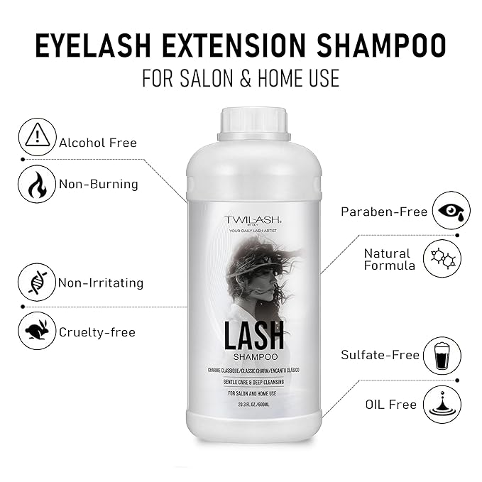 600ml Lash Shampoo Bulk, Eyelash Extensions Cleanser for Extensions, Safe Makeup Remover, Non-irritating or Burning Formula Eyelid Foaming Cleanser for Professional Salon and Home Use (Classic Charm)