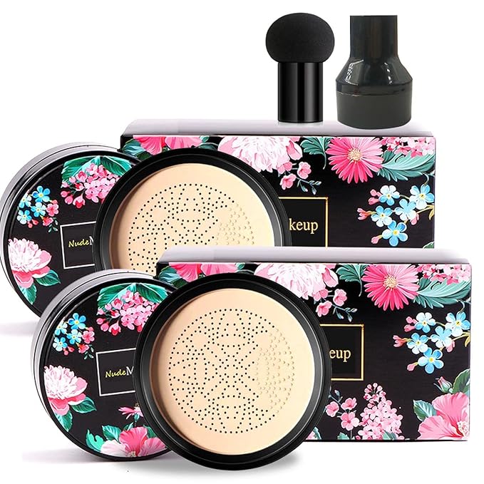 2 Pack Mushroom Head Air Cushion CC Cream BB Cream, Concealer Lasting Nude Makeup Moisturizing Brightening Pigment CC Liquid Foundation Ivory