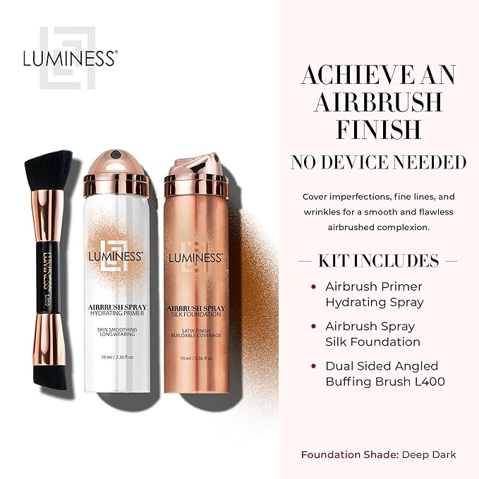 LUMINESS Airbrush Spray Silk Foundation Starter Kit - Deep Dark - Foundation, Primer & Dual-Sided Angled Buffing Brush - Medium, Buildable Coverage, Anti-Aging Formula Hydrates & Moisturizes
