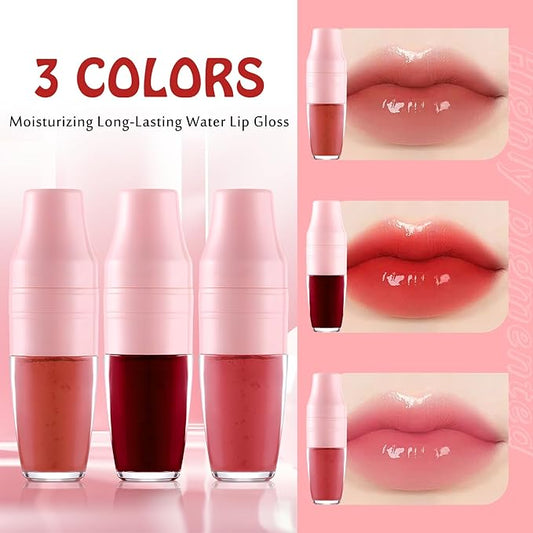 Lip Stain Tint 3 Colors Set, Long Lasting Moisturizing Sponge Tip Applicator Tinted Lip Gloss, Multi-Use Non-Stick Cup Liquid Lipstick for Women Lips Cheek Eye Makeup