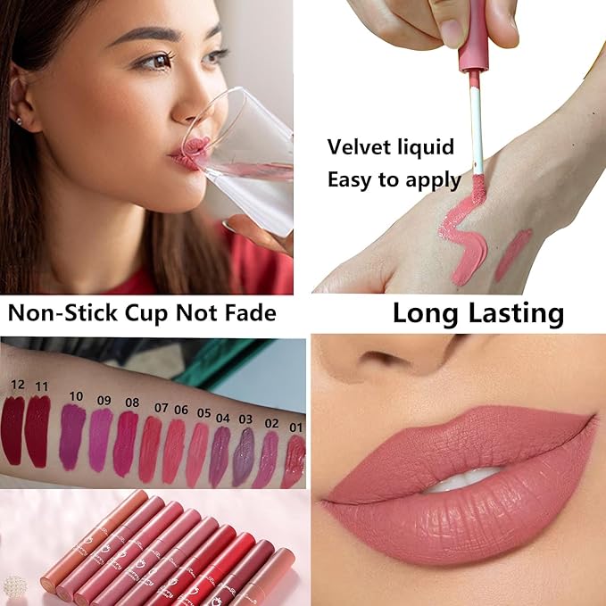 4 Colors Matte Lip Stain Liquid Lipstick For Women Teens Makeup Set Long Lasting Waterproof lip liner stain Fade Resistant Highly Pigmented Lightweight Portable Vegan Lip Stick matte Set C