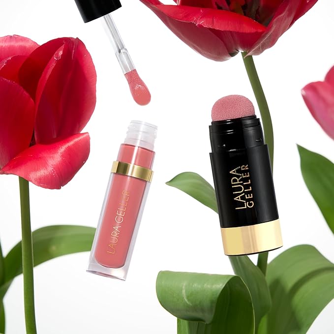 LAURA GELLER NEW YORK Serum Staples Soothing Blush + Lip Duo - Blush Cheek Tint, Practical Pink + Jelly Balm Lip Serum, There She Rose