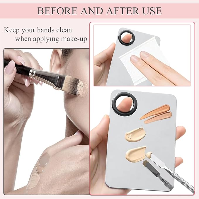 Makeup Mixing Palette Spatula Set, 2PCS Mini Metal Makeup Palette & 2PCS Skincare Spatula, Cream Foundation Palette for Mixing and Save Cosmetics (A)