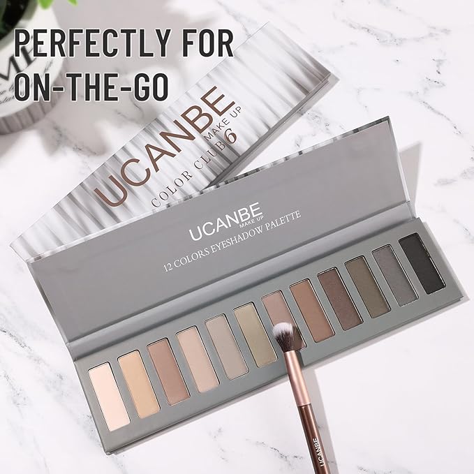 UCANBE 12 Color Eyeshadow Makeup Palette, Naked Nude Eye Shadow, Neutral Matte Shimmer Make Up Pallet with Double-ended Brush Set Kit, Highly Pigmented Long Lasting Waterproof