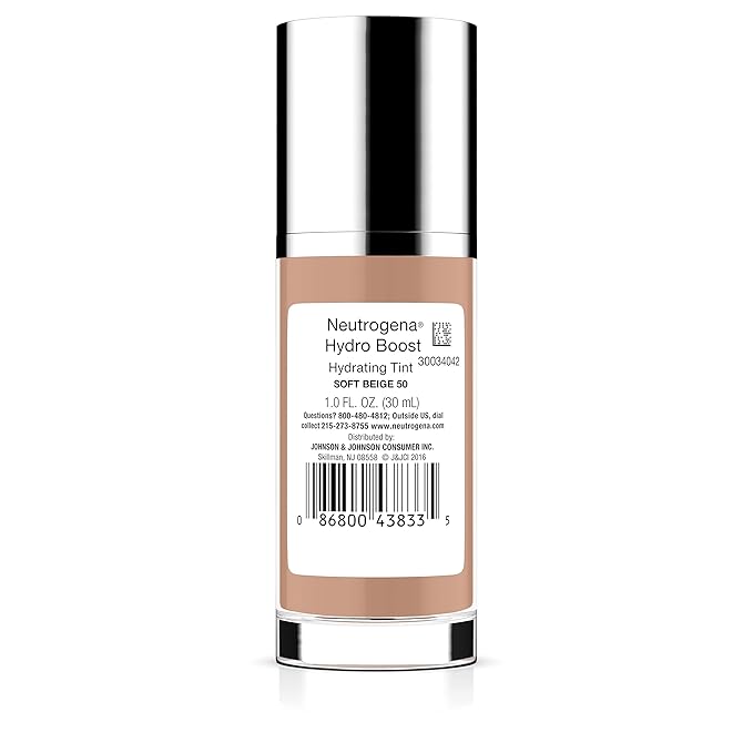Neutrogena Hydro Boost Hydrating Tint with Hyaluronic Acid, Lightweight Water Gel Formula, Moisturizing, Oil-Free & Non-Comedogenic Liquid Foundation Makeup, 50 Soft Beige, 1.0 fl. oz