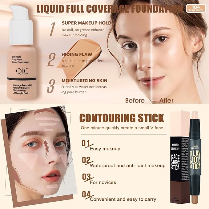All in One Makeup Kit for Women Full Kit, 12 Colors Eyeshadow, Foundation & Primer, CC Cream, Lipsticks, Mascara, Makeup Brush & Sponge, Brow Pencil & Soap, Eyeliner, Contour Stick, Cosmetics Bag