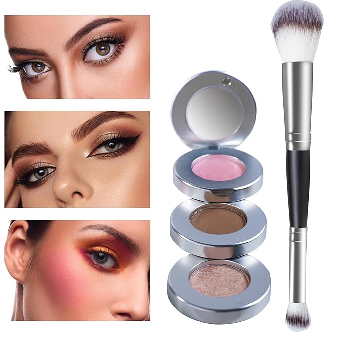 Blush Contour and Highlighter Palette, 3 in 1 Face Contouring, Pink Blusher for Cheeks and Natural Glitter Highlighter Powder Makeup Palet with Brush and small Mirror, Compact Stackable