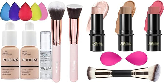 Hilareco PHOERA Foundation Makeup for Wome Full Coverage Foundation Set,3 Pcs Cream Contour Stick Makeup Kit, Shades with Highlighter Stick, Blush Stick and Bronzer Contour Stick