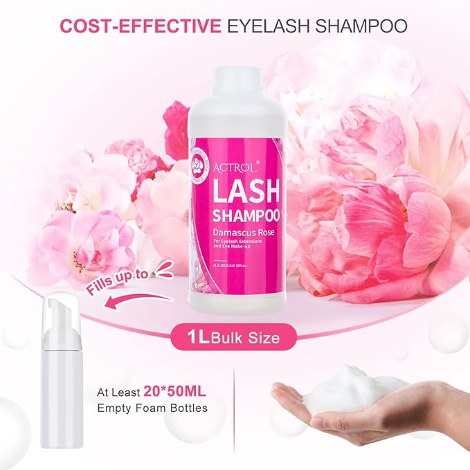 Eyelash Extension Cleanser Rose 1L Natural Lash Extension Shampoo Professional Eyelid Foaming Cleanser Paraben & Sulfate Free Non-lrritating with Salon and Home Care