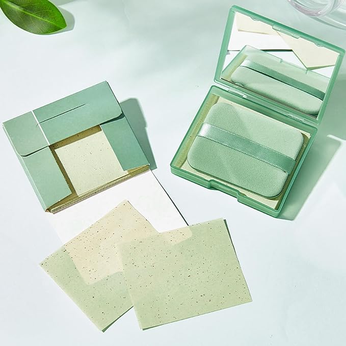 200 Oil Blotting Sheets With Mirror & Puff - Portable Oil Control Film for Face, Not Destroy Base Makeup - Oil Absorbing Sheets for Women & Men On The Go (Chamomile, 200)