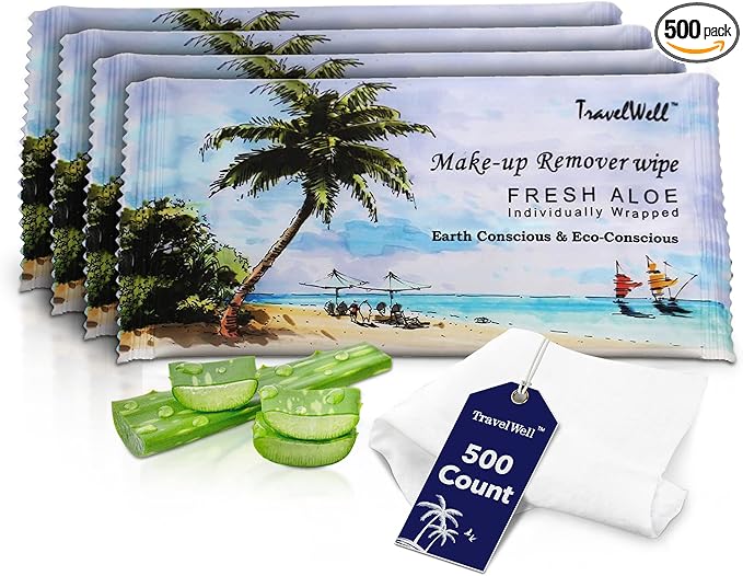 Makeup Remover Wipes Individually Wrapped Natural Fresh Aloe Travel Packs Elderly Bathing Cleansing Wipes - 500 Count per Package | Small Size Toiletries | Hotel Toiletries Bulk Set