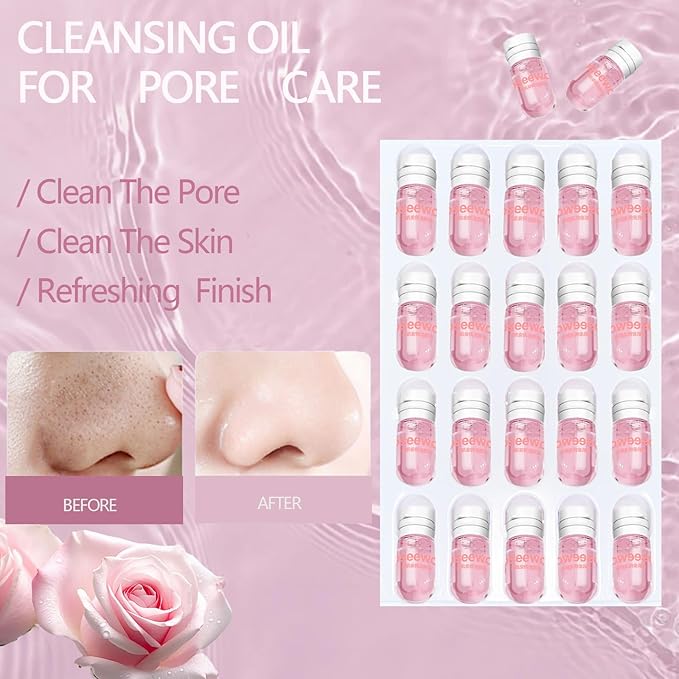 40PCS Mini Clensing Oil for Face, Jojoba & Rose Oil Makeup Remover Travel Size, Lightweight Softening Soothing Gentle for All Skin Types, Individually Packaged Units, 2ml x 20 Capsules