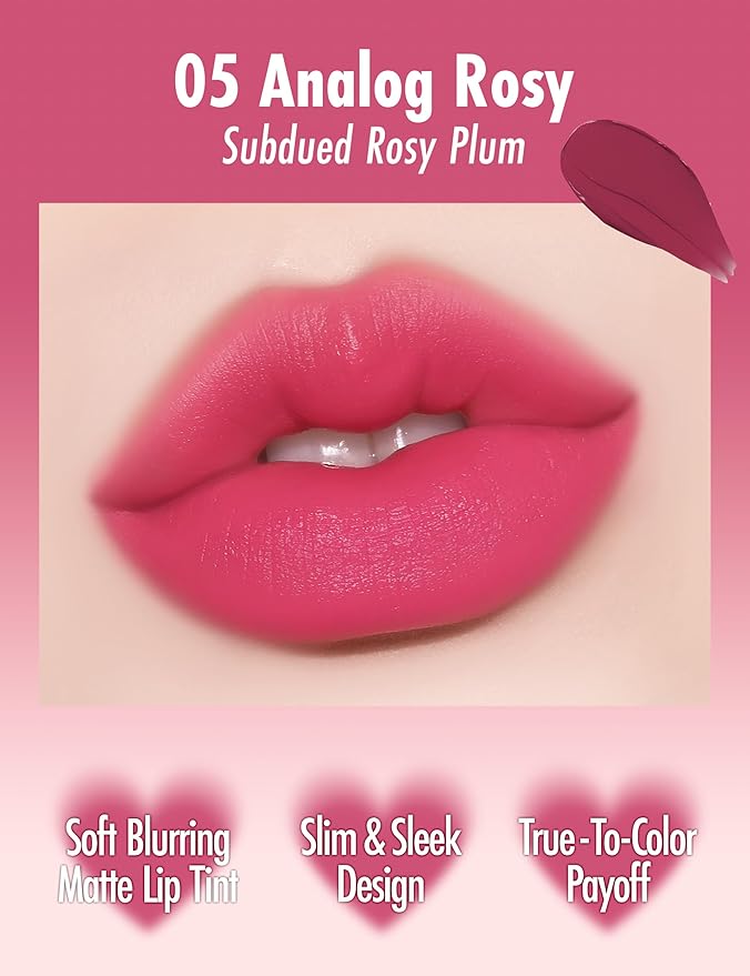 Peach C Blurry Filter 05 Analog Rosy Korean Lip Stain Marker | Matte Korean Lip Tint Long Lasting w/Soft Blur Finish| Comfortably Light & Long Lasting Lip Tint |Smooth Lip tint Stain 0.21 Fl Oz