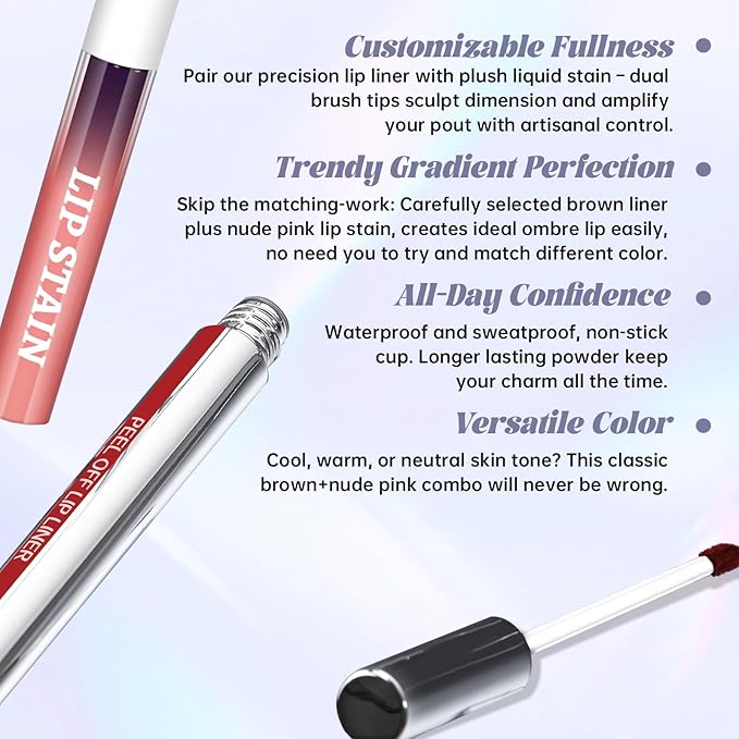 Peel Off Lip Liner and Lip Stain Set, Matte Lip Combo Set Brown Lips Liners Nude Pink Lip Tint for Gradient Plumping Big Lips Long Lasting Waterproof Liquid Tattoo Lip Gloss Kit Makeup