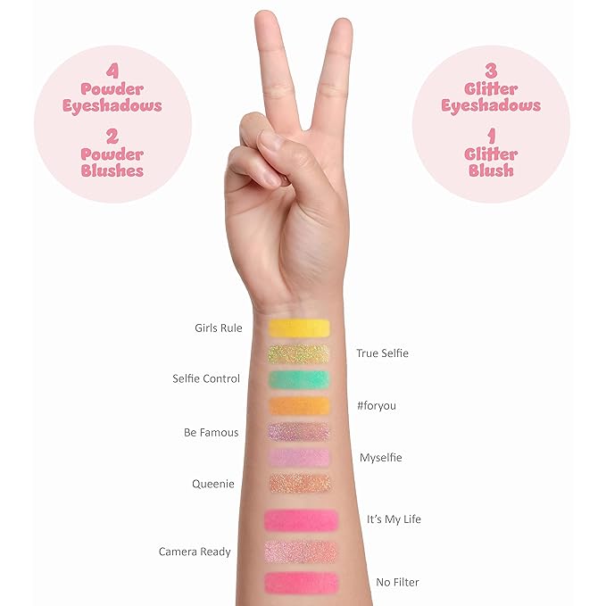 Selfie Queen Glisten & Glitter Makeup Palette 10 Color Eyeshadow Palette & Blush Makeup Novelty Beauty Set, Fold Out Compact with Mirror, Washable, Non-Toxic