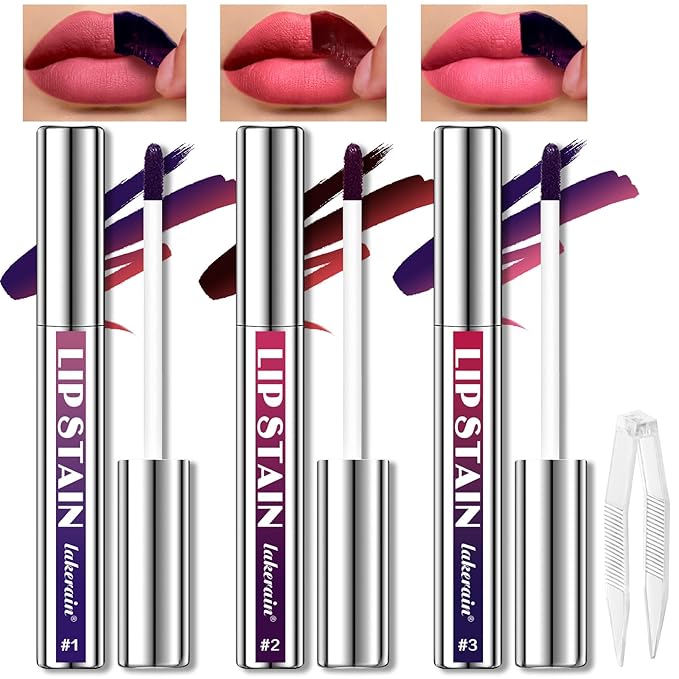 3 Colors Peel Off Lip Liner Stain, High Pigmented Long Wear Waterproof Magic Lip Stain Tattoo, Natural Matte Finish Lip Tint Pink Lip Gloss Set for Women, Non-Sticky Liquid Lipstick Lip Makeup