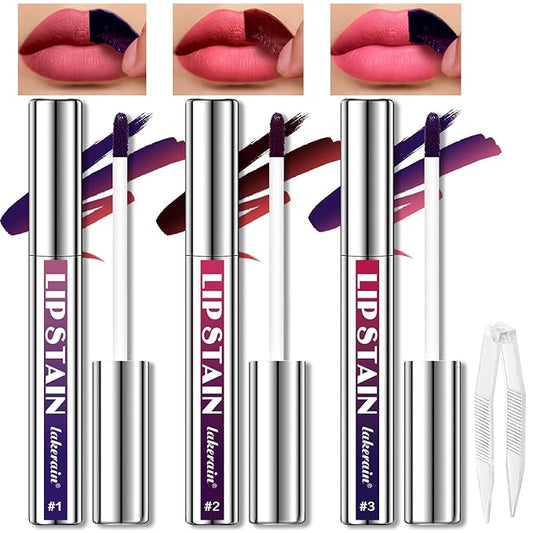 3 Colors Peel Off Lip Liner Stain, High Pigmented Long Wear Waterproof Magic Lip Stain Tattoo, Natural Matte Finish Lip Tint Pink Lip Gloss Set for Women, Non-Sticky Liquid Lipstick Lip Makeup