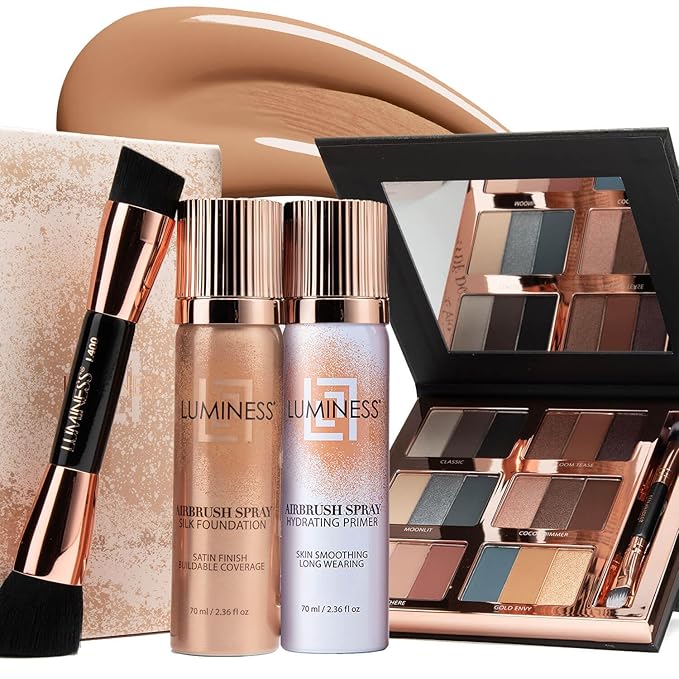 LUMINESS Airbrush Flawless 4-PC Makeup Kit - Includes Eyeshadow Palette, Airbrush Foundation, Primer & Makeup Brushes - Long-Lasting, Silky, Easy to Blend Make Up Set, Travel Size (07 - Warm)