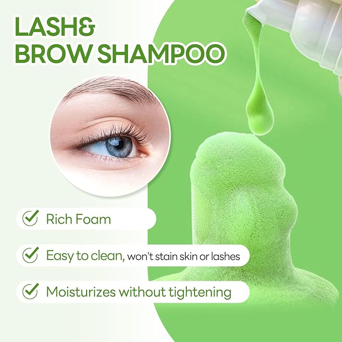 Eyelash Extension Cleanser 60ML Colored Green Aloe Lash Extension Shampoo Professional Eyelid Foaming Cleanser Paraben & Sulfate Free Non-lrritating with Salon and Home Care