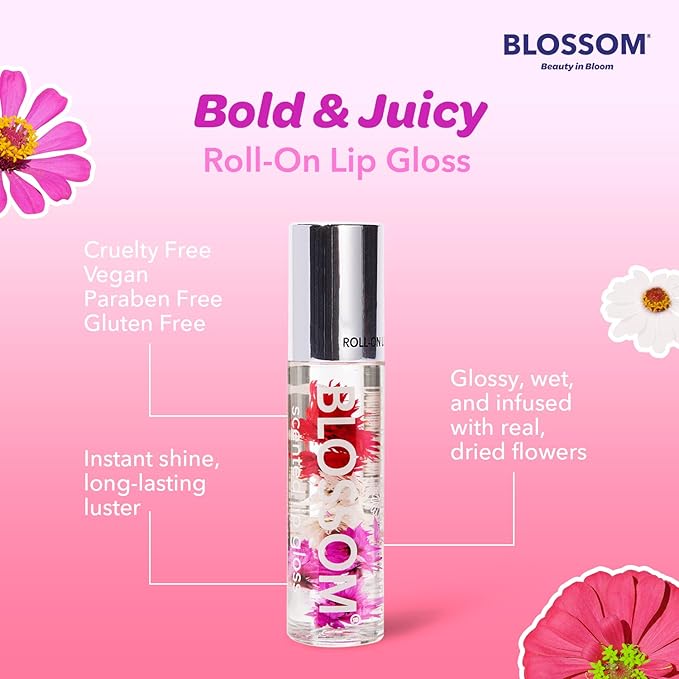 Blossom Roll on Lip Gloss, Scented Clear High Shine Moisturizing Lip Oil, Non Sticky, Infused with Real Flowers, Made in USA, 0.2oz, Strawberry/Banana