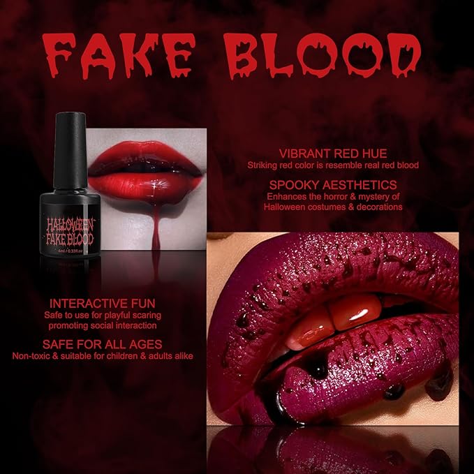 Halloween Fake Blood Vampire Accessories Blood Red Lipstick Glitter Eyeshadow Black Press On Nails for Eyes Teeth Mouth Nose Bleeds Cosplay SFX Zombie Makeup Monster Party Stage Horror Film