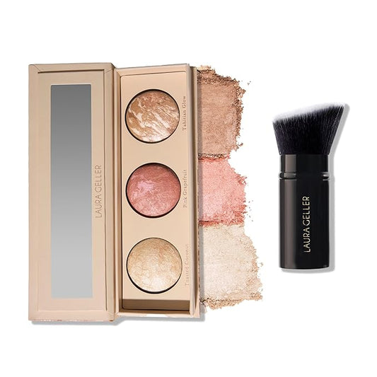 Geller's Greatest Lift-n-Glow Palette - Tahitian Glow, Pink Grapefruit, Toasted Coconut + Retractable Angled Kabuki Brush