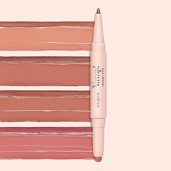 Pupa Milano Vamp! Creamy Duo, 002 Medium Nude, 1 Pc - 2 in 1 Lipstick and Lip Pencil - Long Lasting - Lightweight - No-Transfer - Smooth Texture - Highly Pigmented