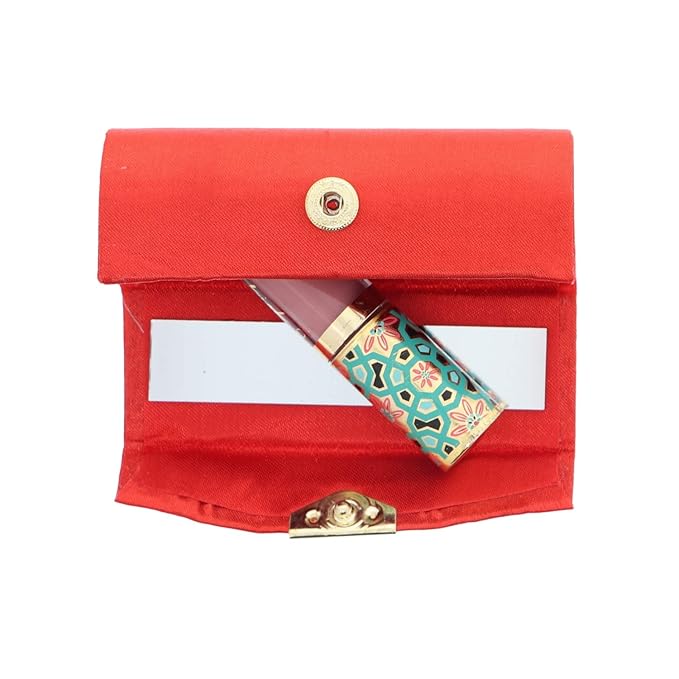 Red Solid Satin Ladies Lipstick Case With Mirror Purse Holder Set of 2