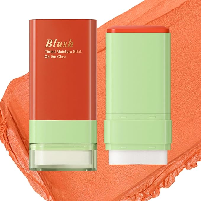 Blush Stick for Cheeks and Lips with Built-In Blending Sponge, On-the-Go Glow Blush, Hydrating Solid Cheek Tint, Multi-use Blush Makeup Stick, Tinted Moisture Sticks (Color:02#Coral Orange)