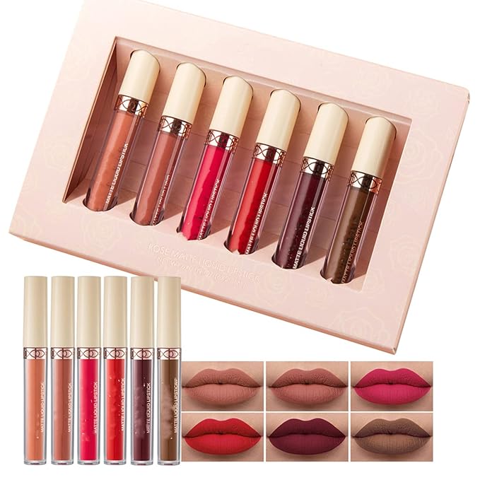 MAEPEOR Matte Liquid Lipstick 6PCS Nude Brown Velvety Lip Gloss Kit Long-Lasting Wear Non-Stick Cup and Not Fade Lipstick Set for All Undertone (Nude-Brown Series, 6PCS-D)
