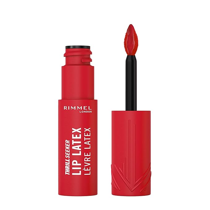 Rimmel Thrill Seeker Lip Latex, 400 Rimmel Red, Liquid Lipstick, Lipgloss, Lip Colour, Hyaluronic Lipstick, Lip Stain, Smooth Shine, Hydration, Hyaluronic Acid, Vitamin E, Aloe Vera, 0.2oz