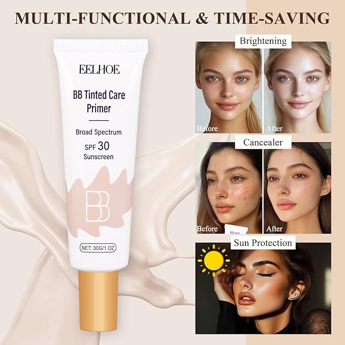 BB Cream Tinted Moisturizer with SPF 30–Lightweight BB Blur Tineted Care Primer,Hydrating Tinted Sunscreen for Face,Full-Coverage Skin Tint Makeup for All Skin Types with 2PCS Sponge (01 Ivory)