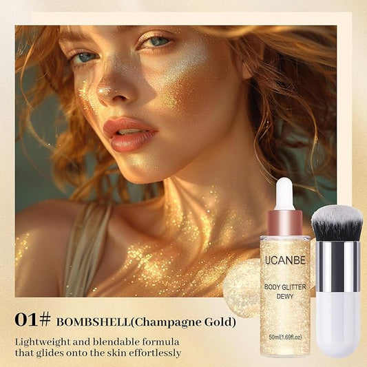 UCANBE Face Body Glitter Liquid Highlighter Illuminator Dewy Drops with Makeup Brush, Makeup Sparkle Shine Luminizer Enhancer Skin Tint 50ml/1.69oz (01 Champagne Gold, Standard)