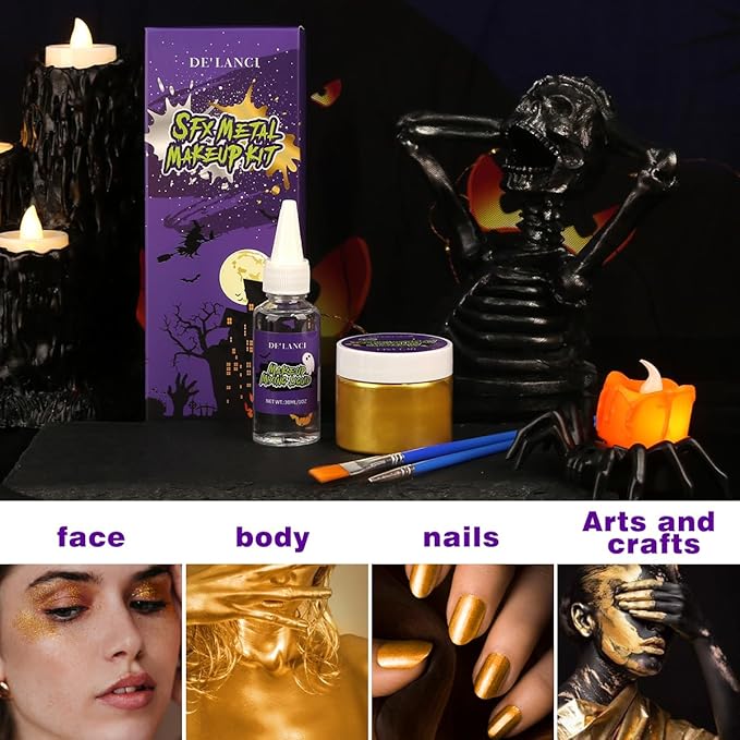 DE'LANCI Neon Eyeshadow Palette Glow in the Dark and SFX Makeup Metallic Powder,Halloween Christmas Makeup Kit UV Blacklight Matte Glitter Eye Shadow+Good Coverage Metal Powder Set for 3-4 People
