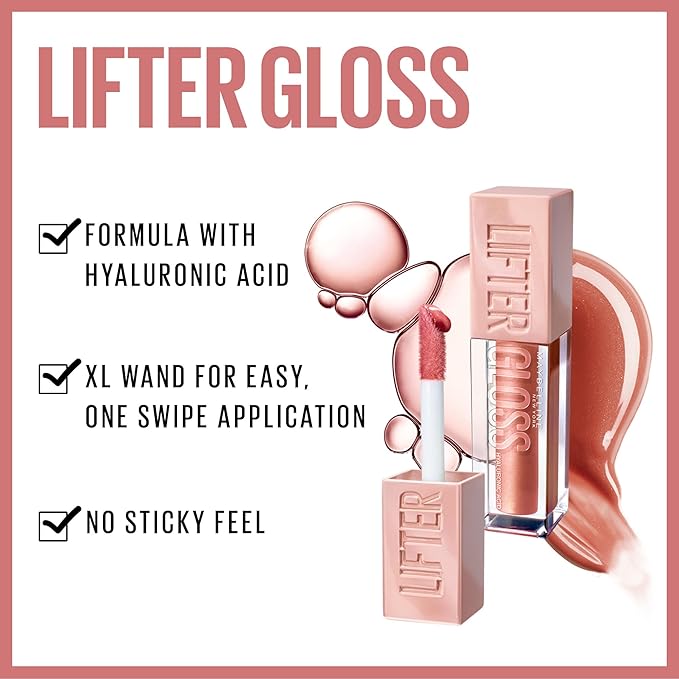 Maybelline Lifter Gloss, Hydrating Lip Gloss with Hyaluronic Acid, High Shine for Plumper Looking Lips, Gold, Warm Neutral, 0.18 Ounce