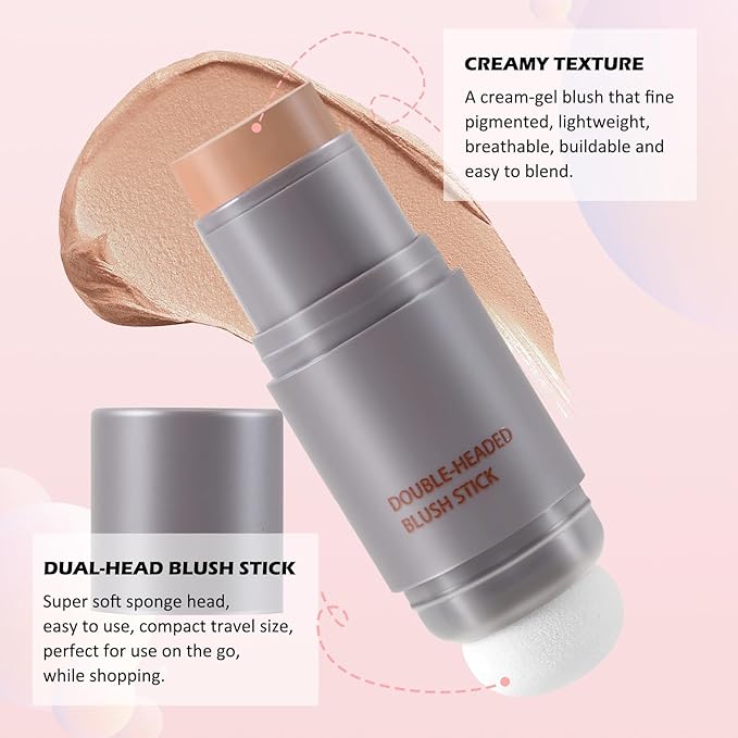 Boobeen Cream Blush Stick, Double-Head Lightweight Long-Lasting Color Natural Makeup Stick, Multi Face for Cheek, Lip and Eye, Dewy Finish for All Skin Tones