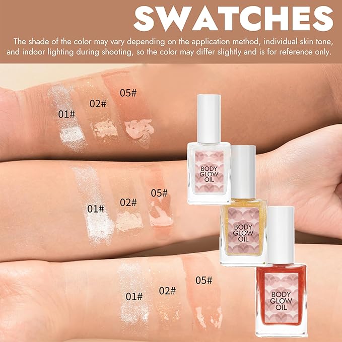 Shimmer Body Oil, Body Luminizer 3 Colors Hydrating Body Shimmer Oil Sparkle and Shine Hydrating and Nourishing Body Glitter Oil 1.05 Floz