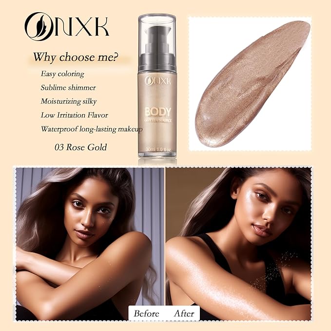Body Glitter Oil Liquid Luminizer - Glow Hightlighter Shimmer Oil Illuminator Waterproof Long Lasting Moisturizing for Body & Face Bronzer Smooth Lotion with Makeup Brush by ONXK(#03 Rose Gold)