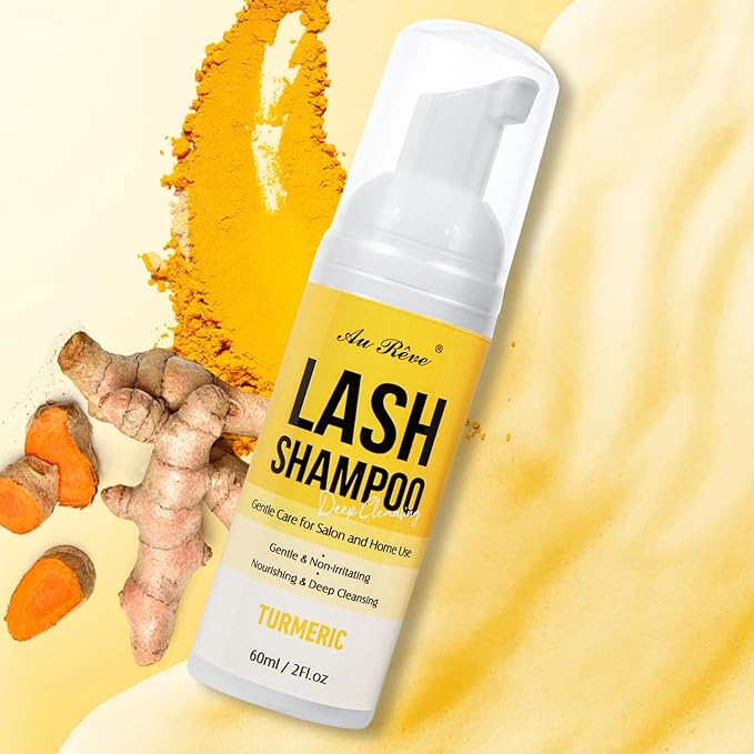 Lash Shampoo for Lash Extensions 60 Ml/2fl.oz Eyelash Extension Cleanser Oil Free Lash Cleanser for Eyelash Care, Gentle Foaming Eyelash Shampoo with Brush for Salon Home Care (Turmeric 60ml)
