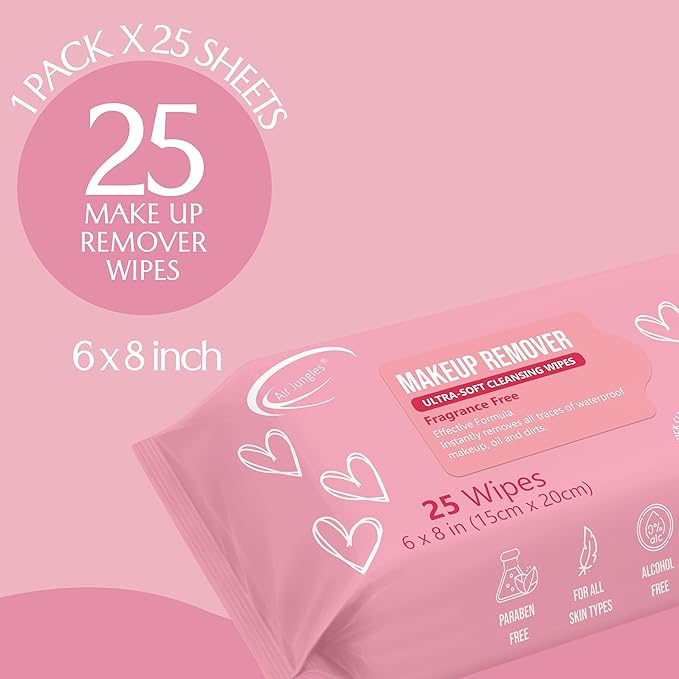 Air Jungles Makeup Remover Wipe 25 Counts, Extra Large 6" x 8", Fragrance-Free, Gently Removes Makeup and Oil, Face Cleansing Wipes, Alcohol Free