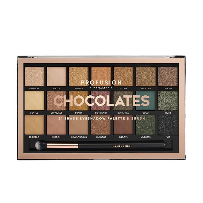 Profusion Cosmetics 21 Shade Eyeshadow Palette Collection & Brush, Chocolates