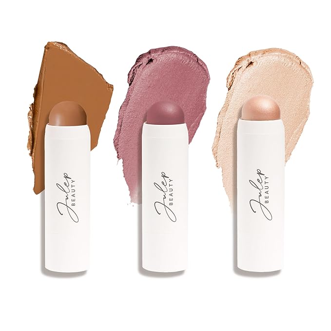 Julep Skip The Brush 2-in-1 Blush and Lip Makeup Stick Contour, Blush, & Highlighter Trio- Sheer Glow (Highlighter), Muted Mauve (Blush), Melted Cocoa (Medium Skin Tones) - 3pc Set